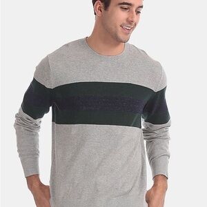 GAP Men's Heather Gray Crewneck Sweater with Forest Green Stripes size large